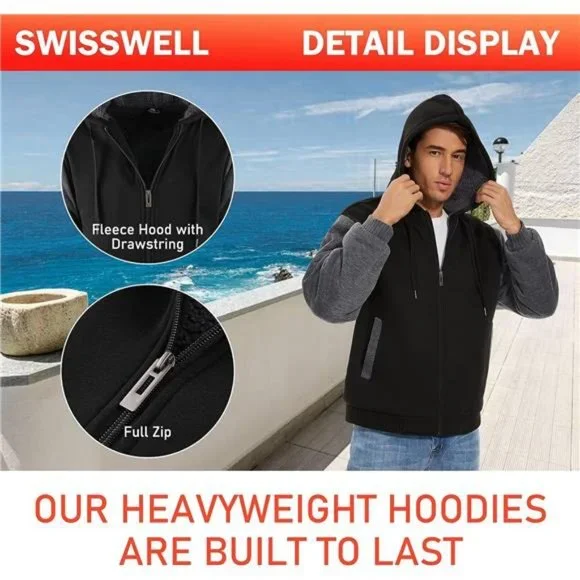 Men's Zip Up Hoodie Fleece Lined Jacket Winter Coat Sherpa Hooded Sweatshirt